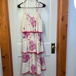 Leslie J vintage‎ medium white and pink floral three tier spaghetti strap dress